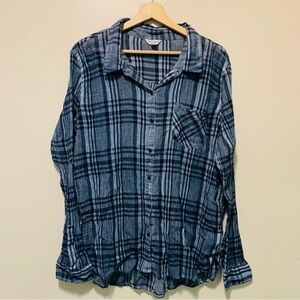 Lucky Brand women’s blue plaid lightweight gauze cotton button front shirt xl